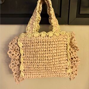 Handcrafted pink & cream crochet straw Bag. Never used.
